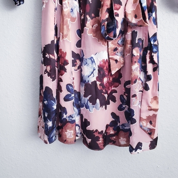 Vince Camuto Pink Floral Applique Long Sheer Sleeve Mini Wrap Dress - Picture 3 of 11